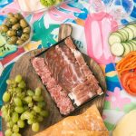 Vibrant picnic display with meats, cheeses, and fresh produce on a colorful tablecloth.
